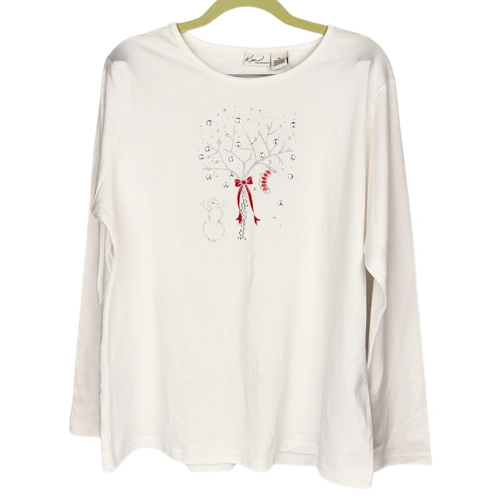 New Kim‎ Rogers White Winter Christmas Tree Graphic Metallic Cotton Top Tee XL